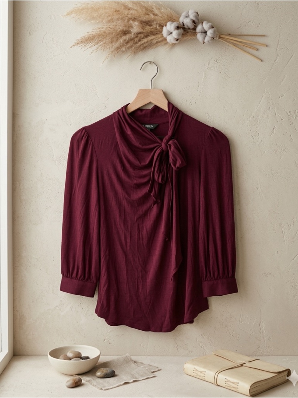 Lauren Ralph Lauren Side Tie Blouse Wine XS 3/4 Sleeve NWOT